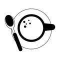 Coffee cup with spoon on disk topview cartoon in black and white Royalty Free Stock Photo