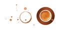 Coffee cup, stains and drops on white background Royalty Free Stock Photo