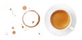 Coffee cup, stains and drops on white background Royalty Free Stock Photo