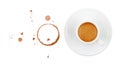 Coffee cup, stains and drops on white background Royalty Free Stock Photo