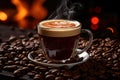 coffee cup with steaming coffee beans on a background of coffee beans and fire banco de imagens