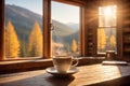 Coffee cup with stem on wooden table inside warm cozy cabin with beautiful landscape view, pine trees and mountains through the Royalty Free Stock Photo