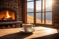 Coffee cup with stem on wooden table next to fireplace inside warm cozy cabin with beautiful landscape view, forest and mountains Royalty Free Stock Photo