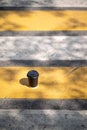 Coffee cup on the street road markup city town leaf shadows sunlight sunset