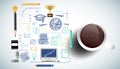 Coffee cup for success with plan,think,search,analyze,communicate, futuristic idea innovation technology modern.vector
