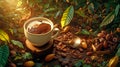Coffee cup surrounded by cocoa beans Royalty Free Stock Photo