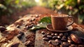 Coffee cup surrounded by cocoa beans Royalty Free Stock Photo