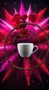 Coffee Cup Surrounded by Exploding Pink and Red Powder with Coffee Beans Swirling Around Royalty Free Stock Photo