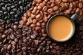 Coffee cup surrounded by various types of roasted beans in a flat lay setup Generative AI Royalty Free Stock Photo