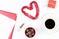 Coffee cup, sweets, lipstick, heart shape and giftbox on white background. Valentine`s Day concept flat lay. Royalty Free Stock Photo