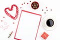 Valentine`s Day mock up with coffee drink, giftbox, candies on white background, flat lay Royalty Free Stock Photo