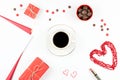 Valentine`s Day mock up with coffee drink, giftbox, candies on white background, flat lay Royalty Free Stock Photo