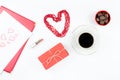 Valentine`s Day mock up with coffee drink, giftbox, candies on white background, flat lay Royalty Free Stock Photo