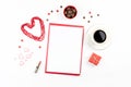 Valentine`s Day mock up with coffee drink, giftbox, candies on white background, flat lay Royalty Free Stock Photo