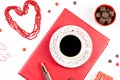 Coffee cup, sweets, lipstick, heart shape and giftbox on white background. Women`s Day concept flat lay. Royalty Free Stock Photo