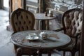 coffee cup on the tabel in old retro cafe. brown and grey colors