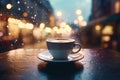 Coffee cup on table with dark street view. Generate ai