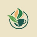 A coffee cup on a table with a leaf placed on top of it, Design a minimalist logo for a specialty tea shop with a simple tea leaf