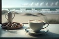 Coffee cup on the table with sea and sand background. Royalty Free Stock Photo