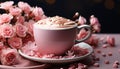 Coffee cup on table, surrounded by flowers, dessert, and chocolate generated by AI Royalty Free Stock Photo