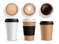 Coffee cup. Takeaway paper cups side and top view espresso and latte or cappuccino, morning drink in cafe, hot beverage Royalty Free Stock Photo