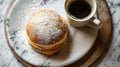 Coffee cup and a tasty bun with cream, sprinkled with powdered sugar, on a marble plate on a table. Generative AI