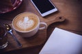 Coffee cup and tasty cake on wood table and Blank paper waiting Royalty Free Stock Photo