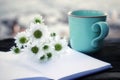Coffee cup or tea cup and white daisy flowers with blank paper book on bright background. Notebook, flower and morning coffee. Royalty Free Stock Photo