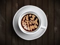 Coffee cup with time lettering about it is break time on realistic wooden background. Cappuccino from above with Royalty Free Stock Photo