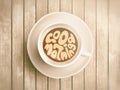 Coffee cup with time lettering about good morning, awaking on realistic wooden background. Cappuccino from above with Royalty Free Stock Photo