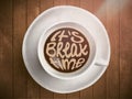 Coffee cup with time lettering, motivation quotes about time, awaking, right moment. Realistic black coffee on brown Royalty Free Stock Photo