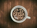 Coffee cup with time lettering, motivation quotes about time, awaking, right moment. Realistic black coffee on brown Royalty Free Stock Photo