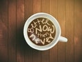 Coffee cup with time lettering, motivation quotes about time, awaking, right moment. Realistic black coffee on brown Royalty Free Stock Photo