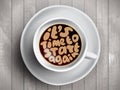 Coffee cup with time lettering about It Is Time to start again on realistic wooden background. Cappuccino from above