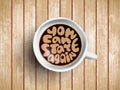 Coffee cup with time lettering you can start again on realistic wooden background. Cappuccino from above with