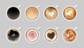 Coffee cup. Top view 3d isolated mugs. Hot aroma beverage with milk, espresso, black tea, cappuccino with heart foam