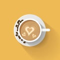 Coffee cup top view, latte hearts on top and coffee bean, vector