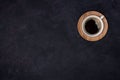 Coffee cup top view over the dark abstract surface background
