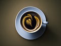 Coffee cup from the top, with a yellow and brown background. Royalty Free Stock Photo