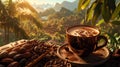 Coffee cup in a tropical plantation at sunset Royalty Free Stock Photo