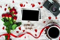 Coffee cup, vintage retro camera with photo frame, red roses and i love you inscription Royalty Free Stock Photo