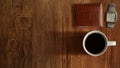Coffee cup, watch, Wallet top view on wooden table background Royalty Free Stock Photo