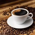 White cup of hot coffee with saucer on pile of coffee beans