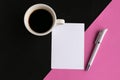 Coffee cup and white mockup blank on geometric pink and black background, top view. Royalty Free Stock Photo