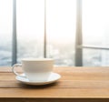 Coffee cup with window city view in the morning