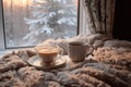 Coffee cup winter bed couple. Generate Ai Royalty Free Stock Photo