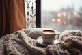 Coffee cup winter bed decor. Generate Ai Royalty Free Stock Photo