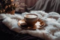 Coffee cup winter bed during relax. Generate Ai