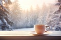 Coffee cup by the winter window, a seasonal mood Royalty Free Stock Photo