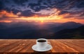 Coffee cup on wood table and view of beautiful nature background Royalty Free Stock Photo